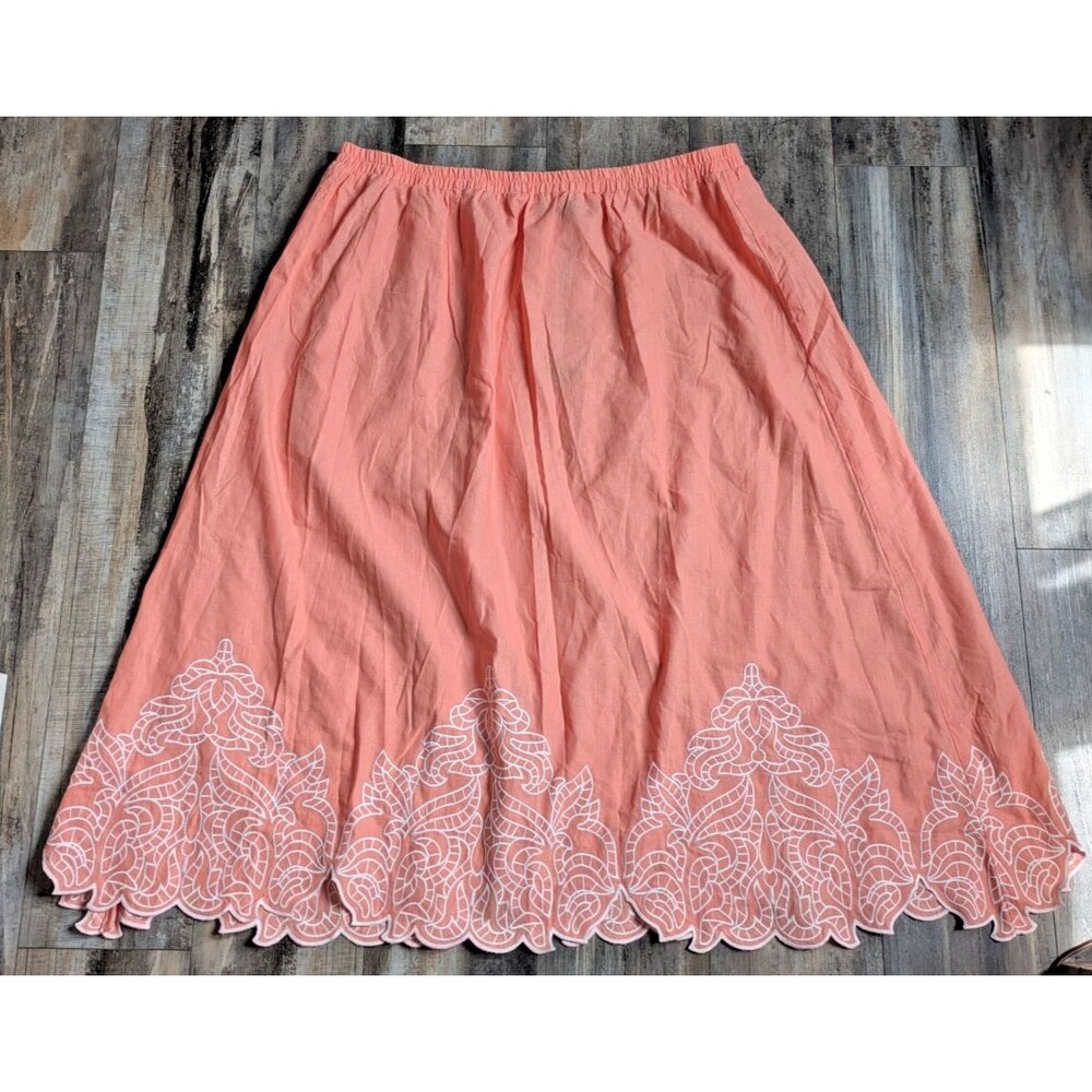 NWT Ming Wang Flare Maxi Skirt Embroidered Hem Cotton and Linen Size XL Coral